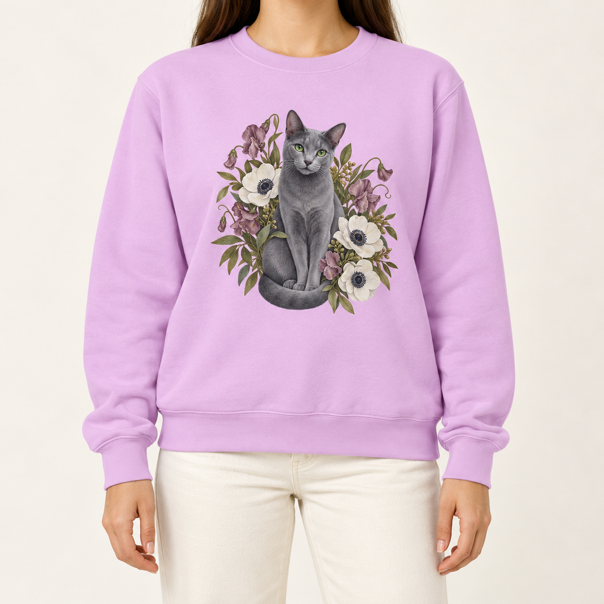 Botanical Russian Blue cat sweatshirt - grey cat and wildflower illustration on a garment-dyed Comfort Colors crewneck