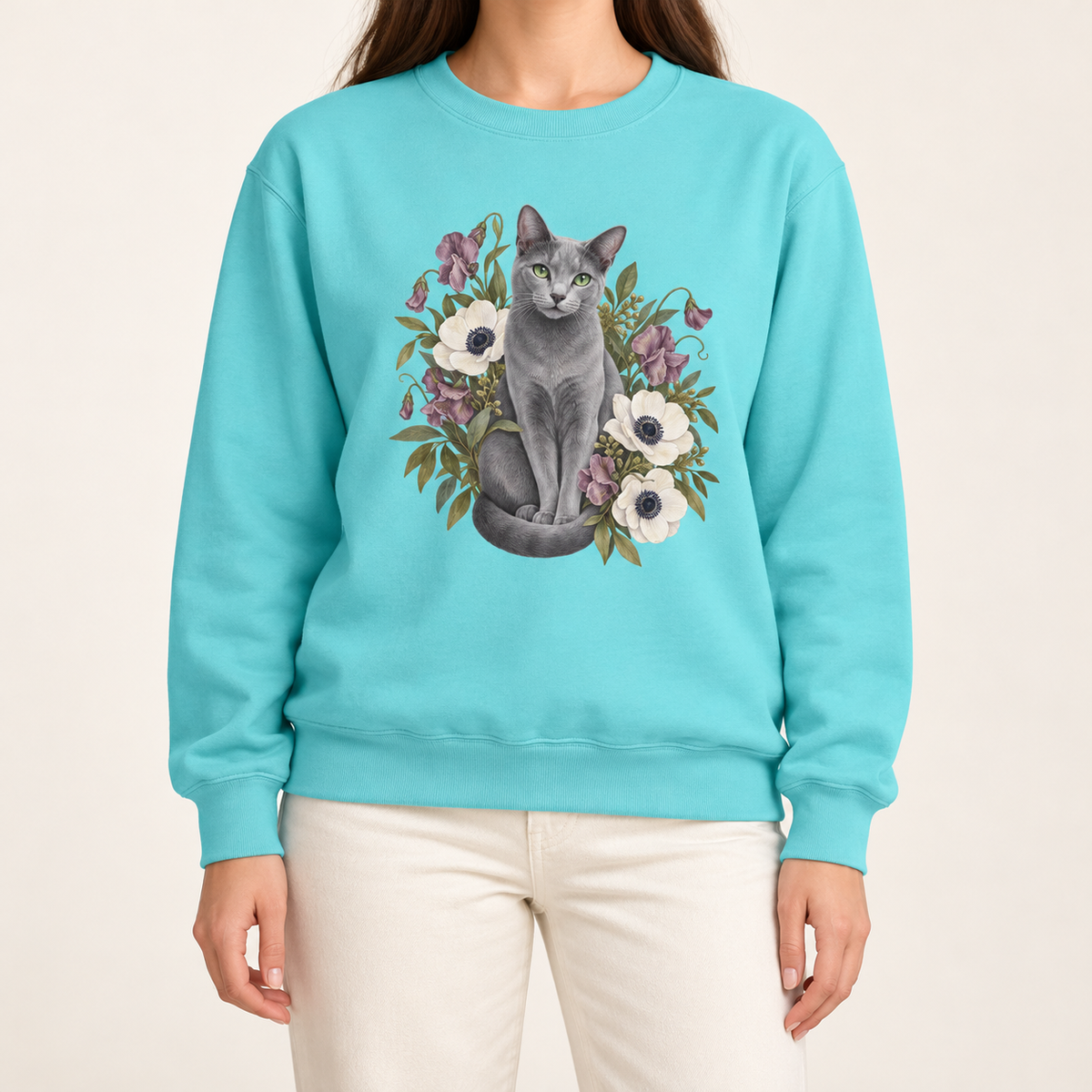 Studio shot of the botanical Russian Blue cat sweatshirt, grey cat and wildflower print on a garment-dyed Comfort Colors crewneck