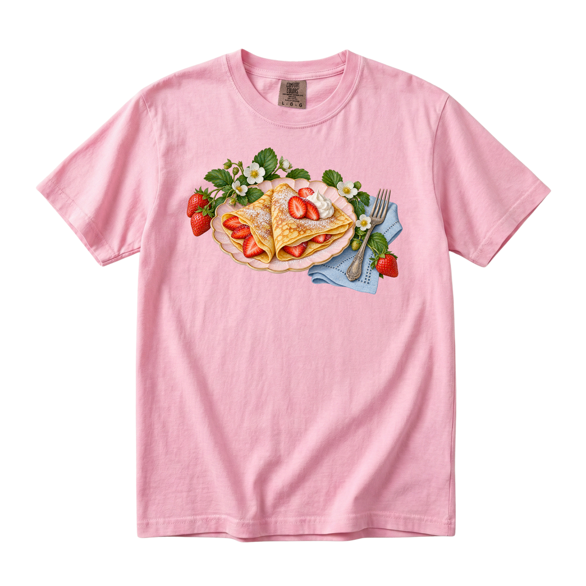 Breakfast Can Be an Occasion tee in Blossom, a strawberry crepe breakfast print on soft pink