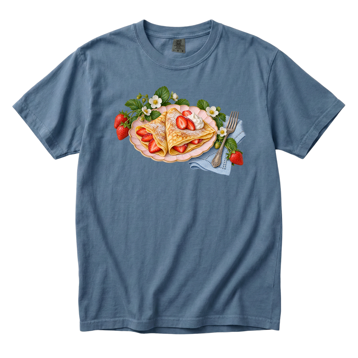 Breakfast Can Be an Occasion tee in Blue Jean, strawberry crepes with powdered sugar on deep blue
