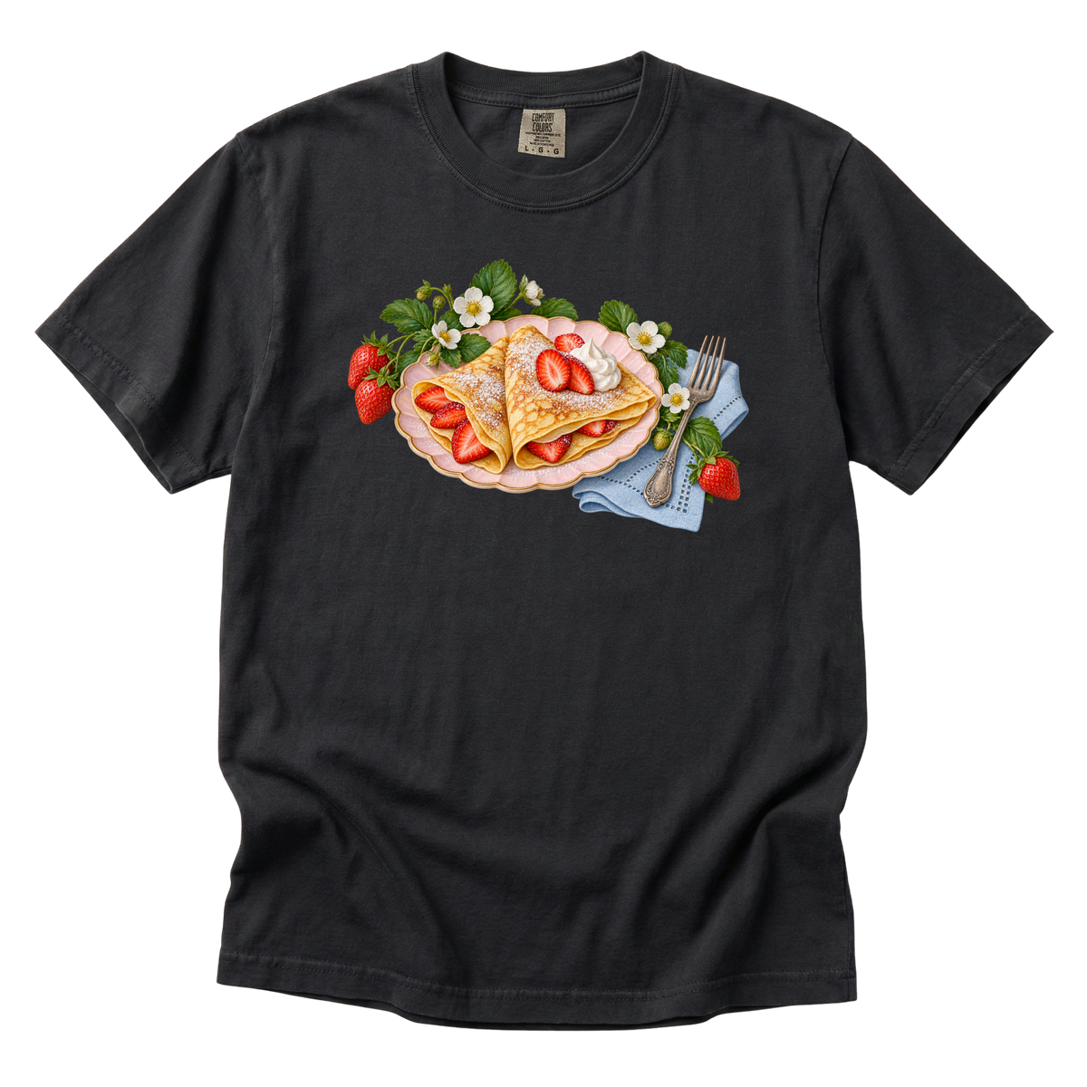 Breakfast Can Be an Occasion tee in Graphite, strawberry crepes and blossoms on dark gray