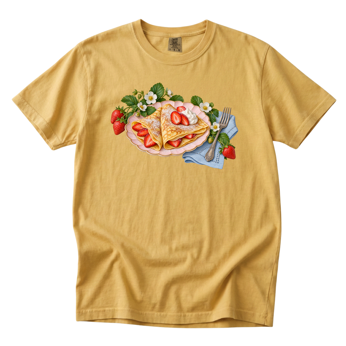 Breakfast Can Be an Occasion tee in Mustard, a vintage strawberry crepe brunch print on warm yellow