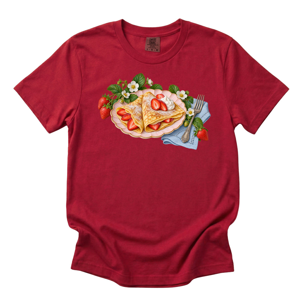 Breakfast Can Be an Occasion tee in Red, a bold strawberry crepe brunch print, a gift for home cooks