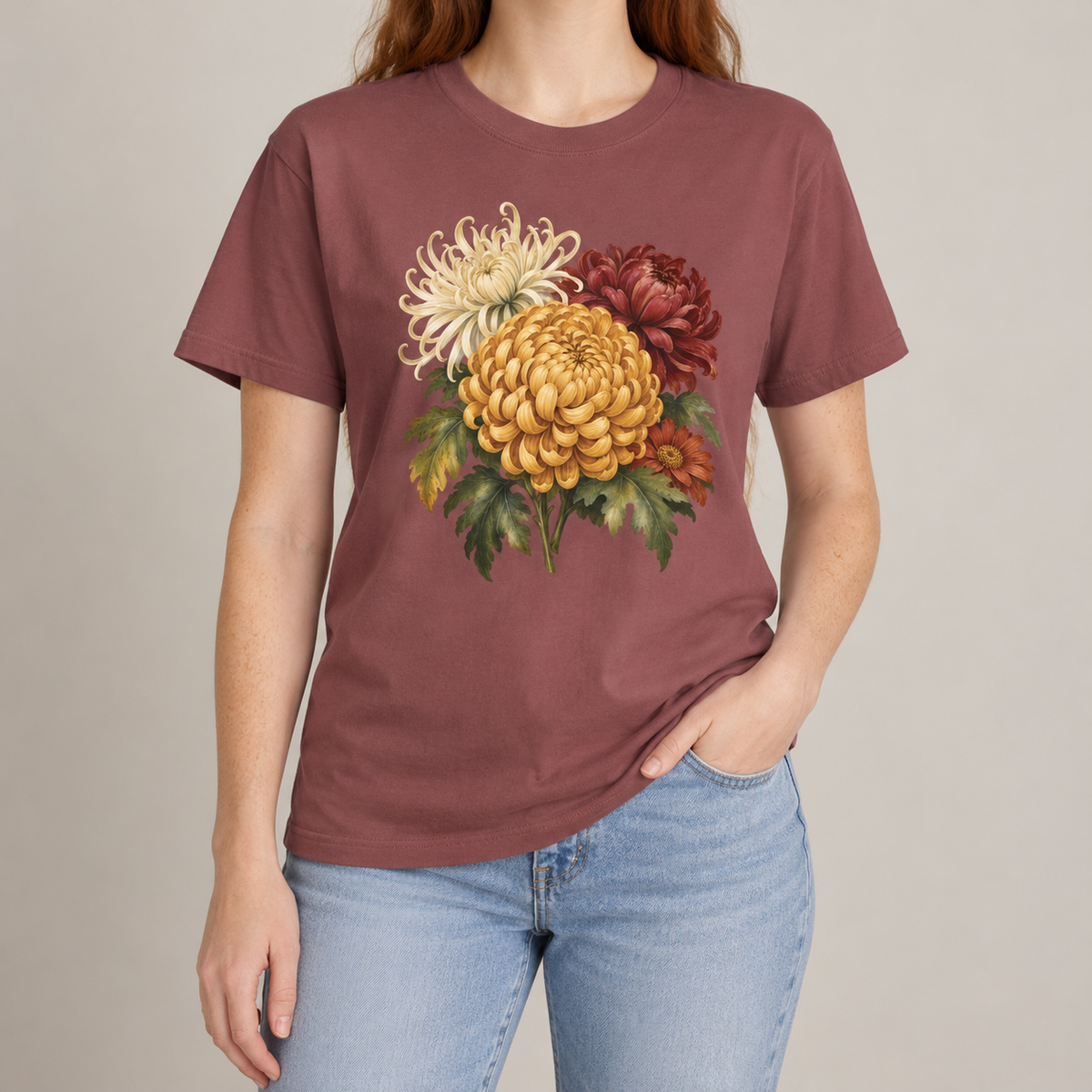 Chrysanthemum T-shirt in Brick, November birth flower tee