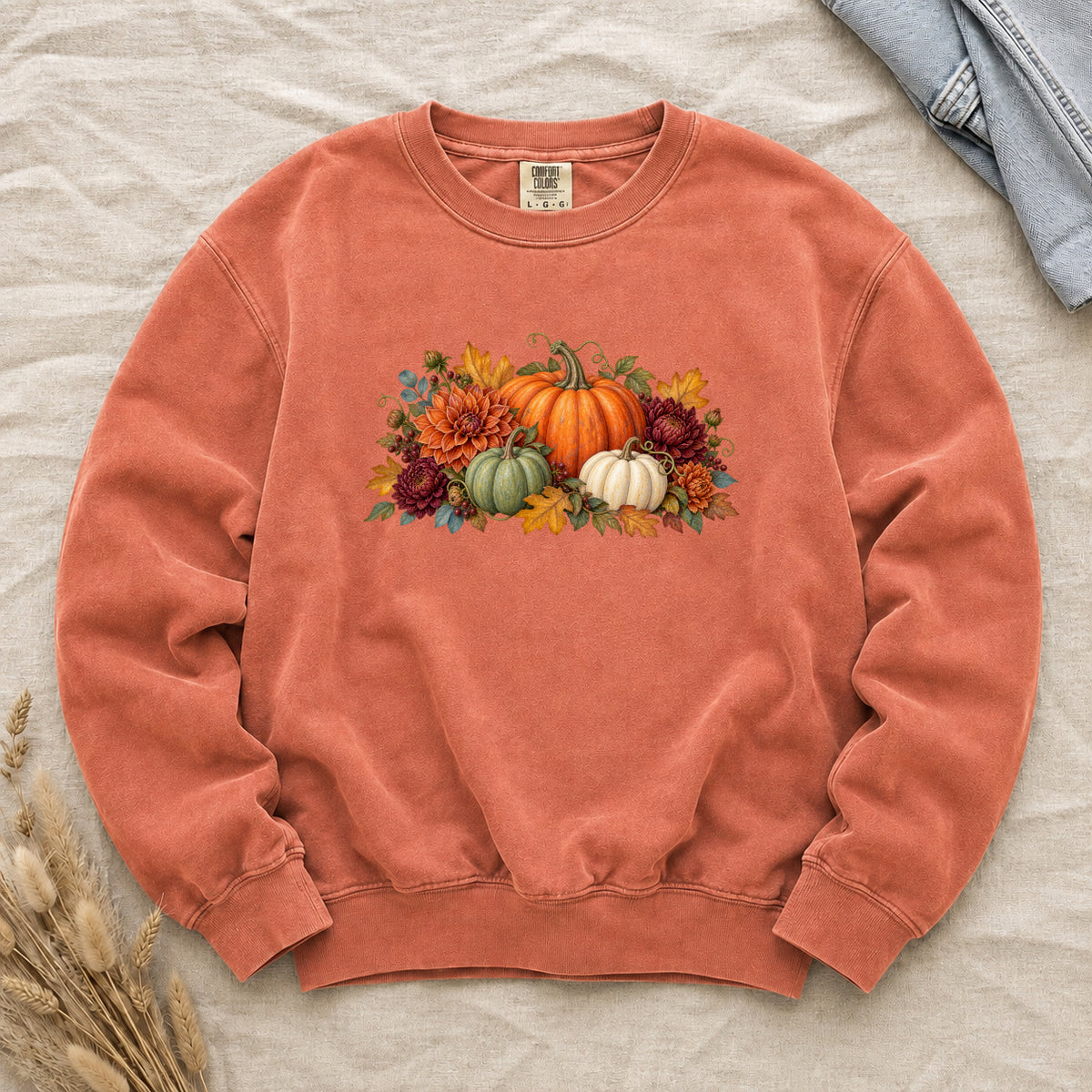 Bring Autumn Home sweatshirt in Terracotta, a vintage botanical pumpkin and harvest flower print on warm rust