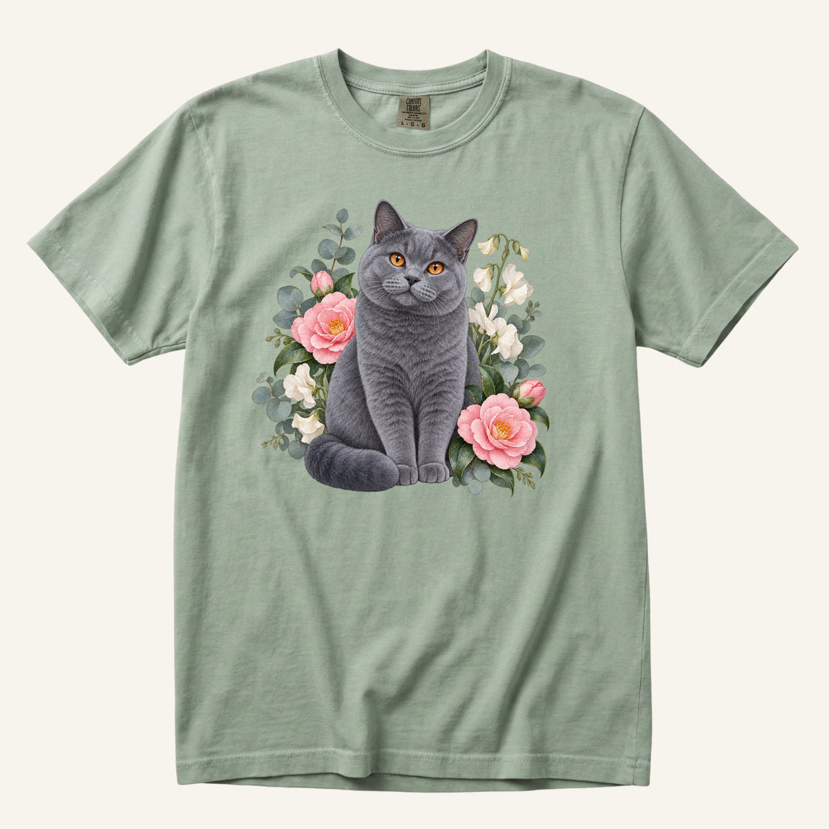 British Shorthair Cat T-Shirt in Bay — cat mom botanical tee on heavyweight garment-dyed cotton