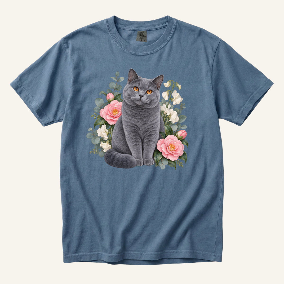 British Shorthair Cat T-Shirt in Blue Jean — British Shorthair and camellia garden illustration