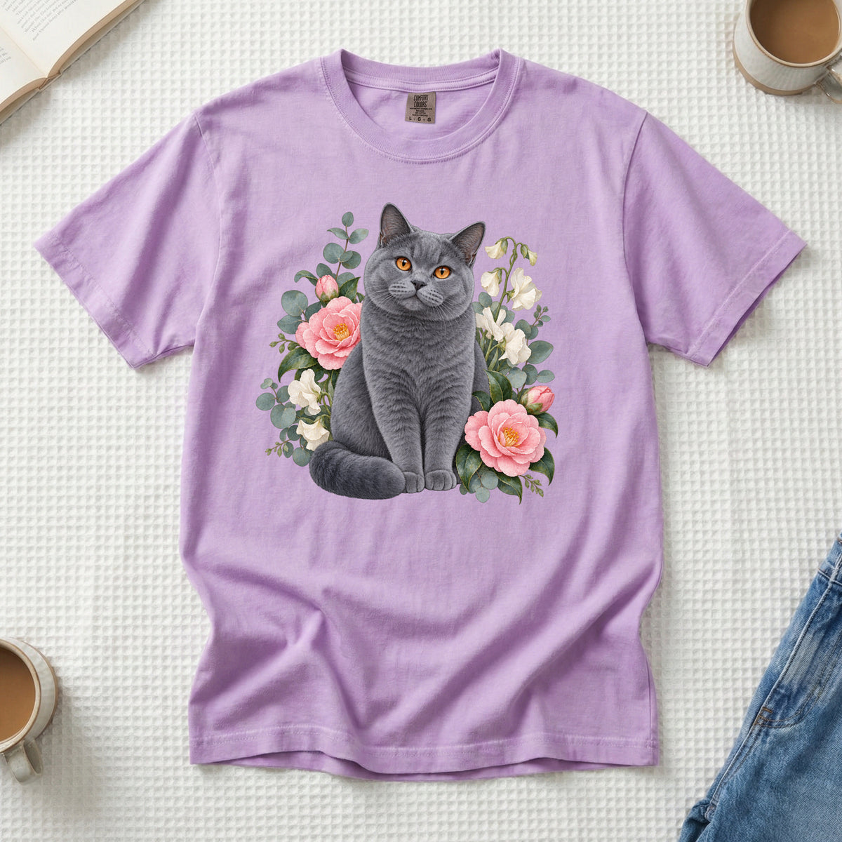 British Shorthair Cat T-Shirt in Orchid — gifts for cat lovers, made to order in the USA