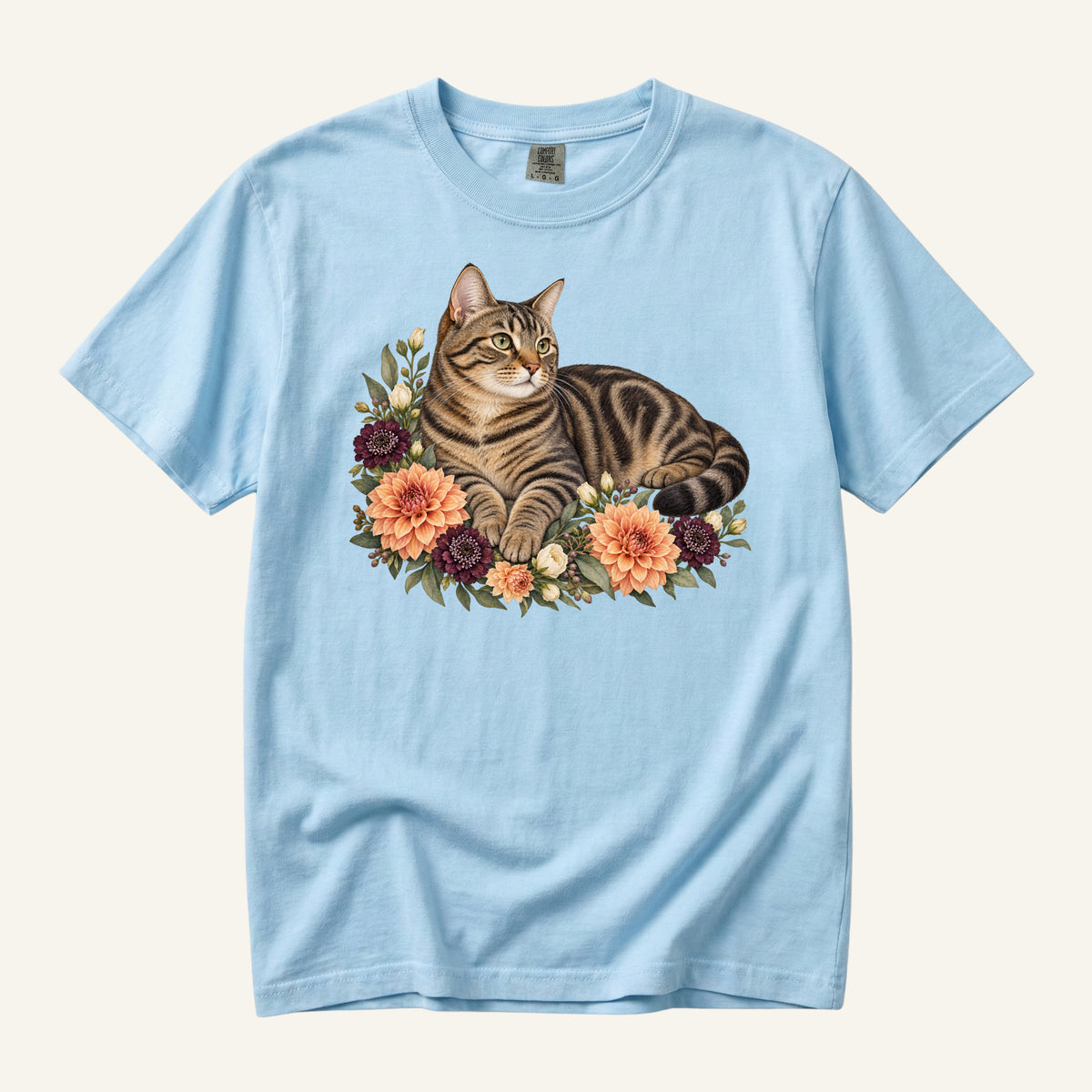 Brown Tabby Cat T-Shirt in Chambray — striped tabby and peach dahlia botanical watercolor