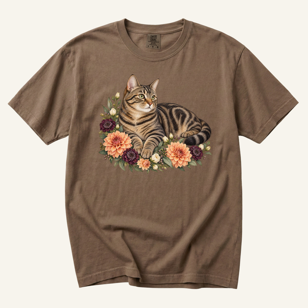 Brown Tabby Cat T-Shirt in Espresso — brown tabby among peach dahlias, made to order in the USA