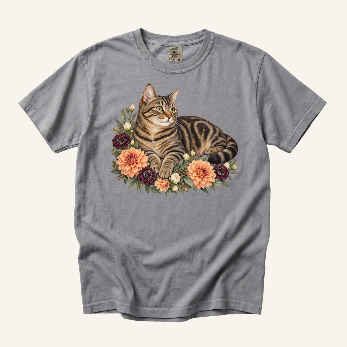 Brown Tabby Cat T-Shirt in Grey — brown tabby with dahlias, centered front print