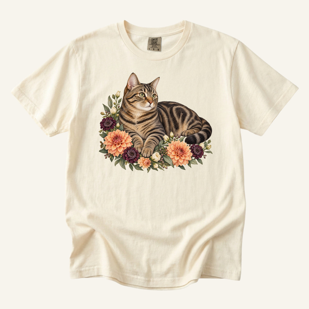 Brown Tabby Cat T-Shirt in Ivory — cat mom botanical tee on heavyweight garment-dyed cotton