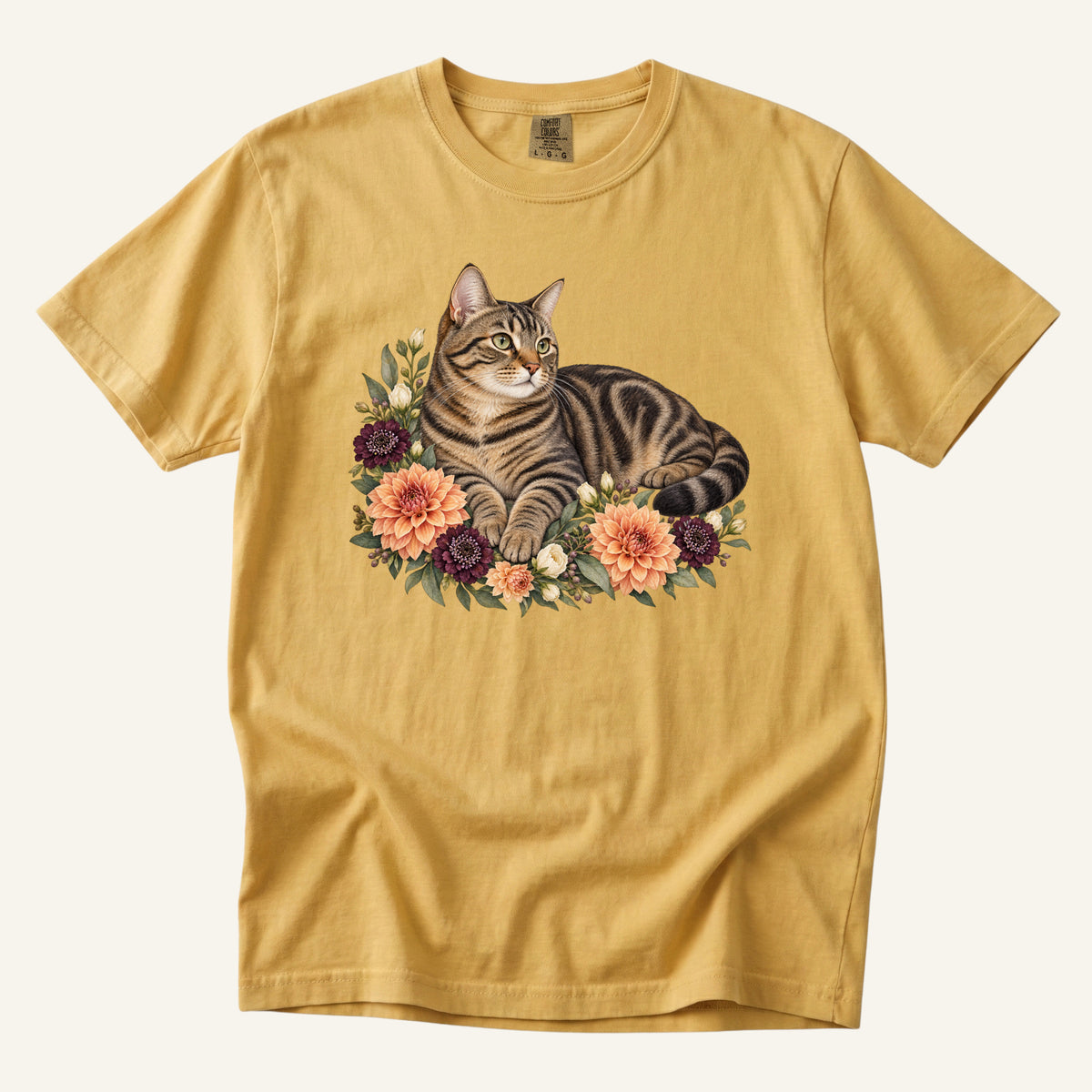 Brown Tabby Cat T-Shirt in Mustard — brown striped cat and peach dahlia design, sizes S to 4XL