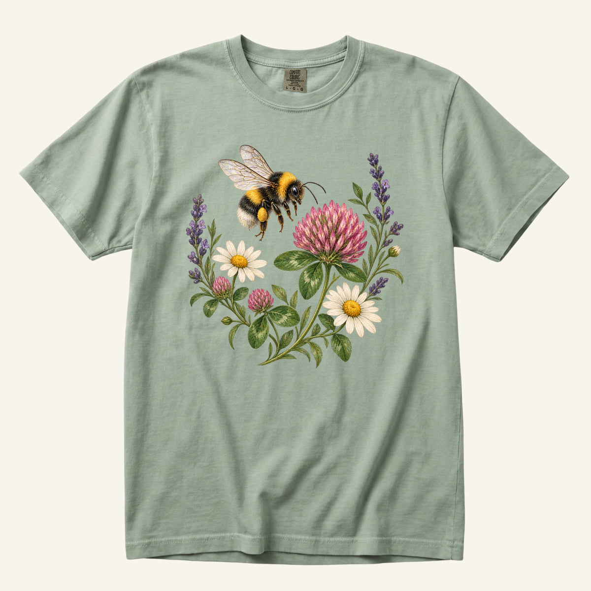 Bumblebee T-Shirt in Bay — bumblebee with clover and daisies, pollinator garden tee