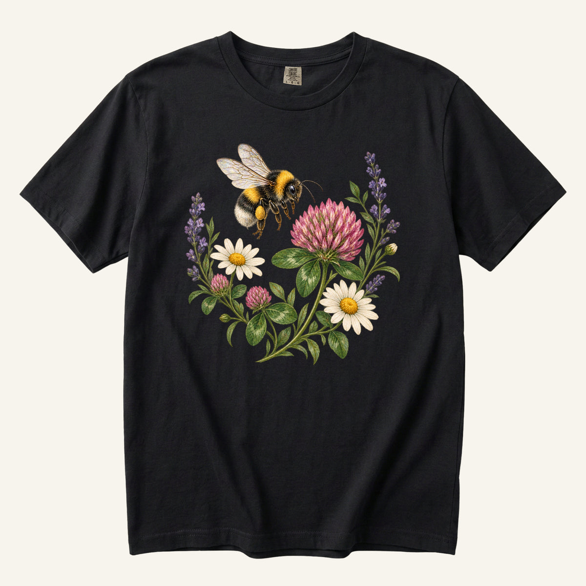 Bumblebee T-Shirt in Black — botanical bumblebee and clover watercolor, centered front print