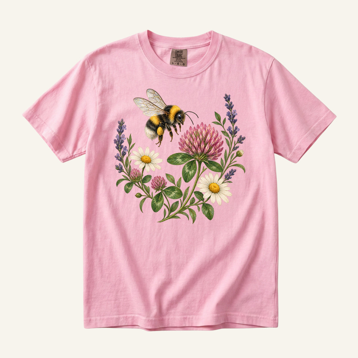 Bumblebee T-Shirt in Blossom — bee and wildflower design on heavyweight garment-dyed cotton
