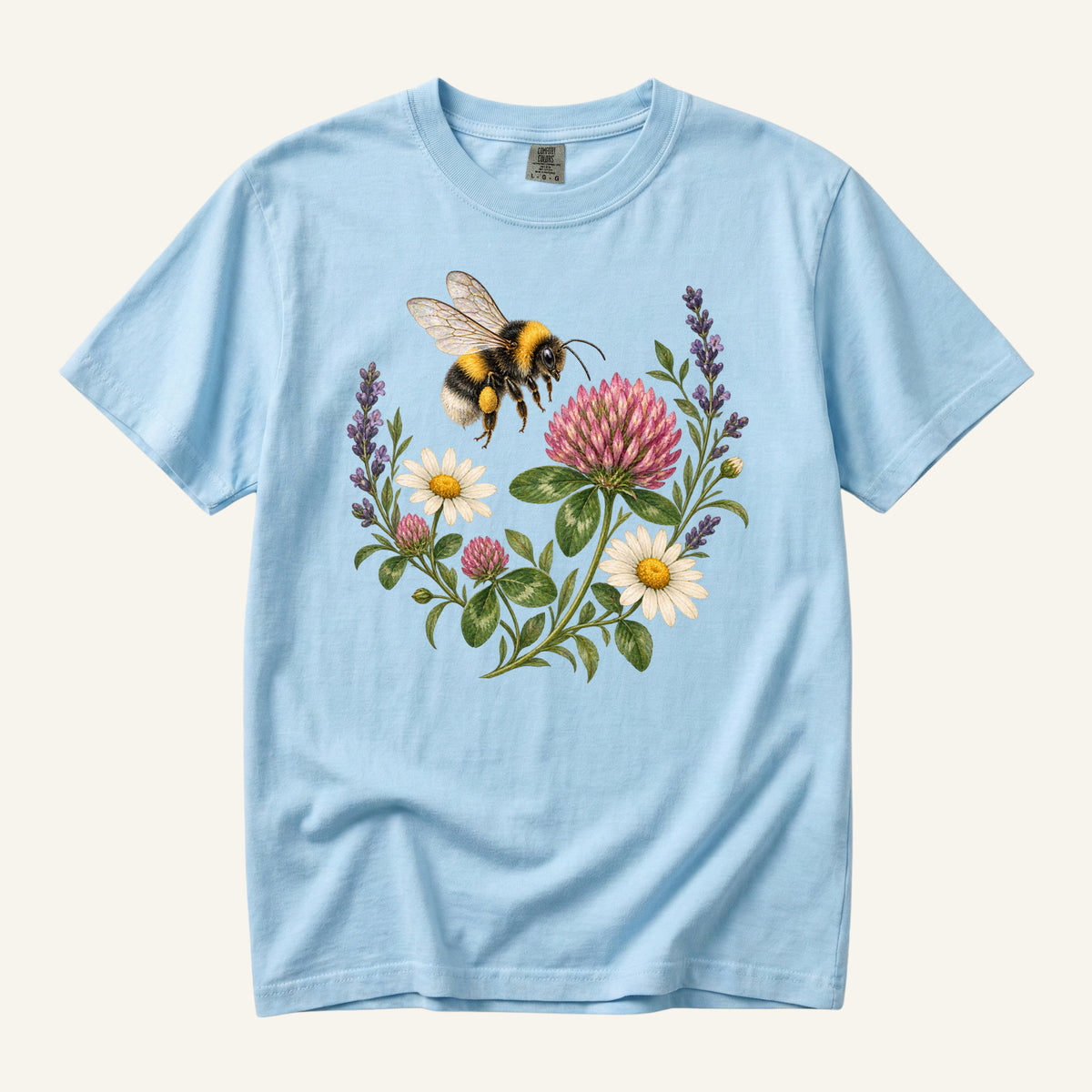 Bumblebee T-Shirt in Chambray — a bumblebee among clover and white daisies on garment-dyed cotton