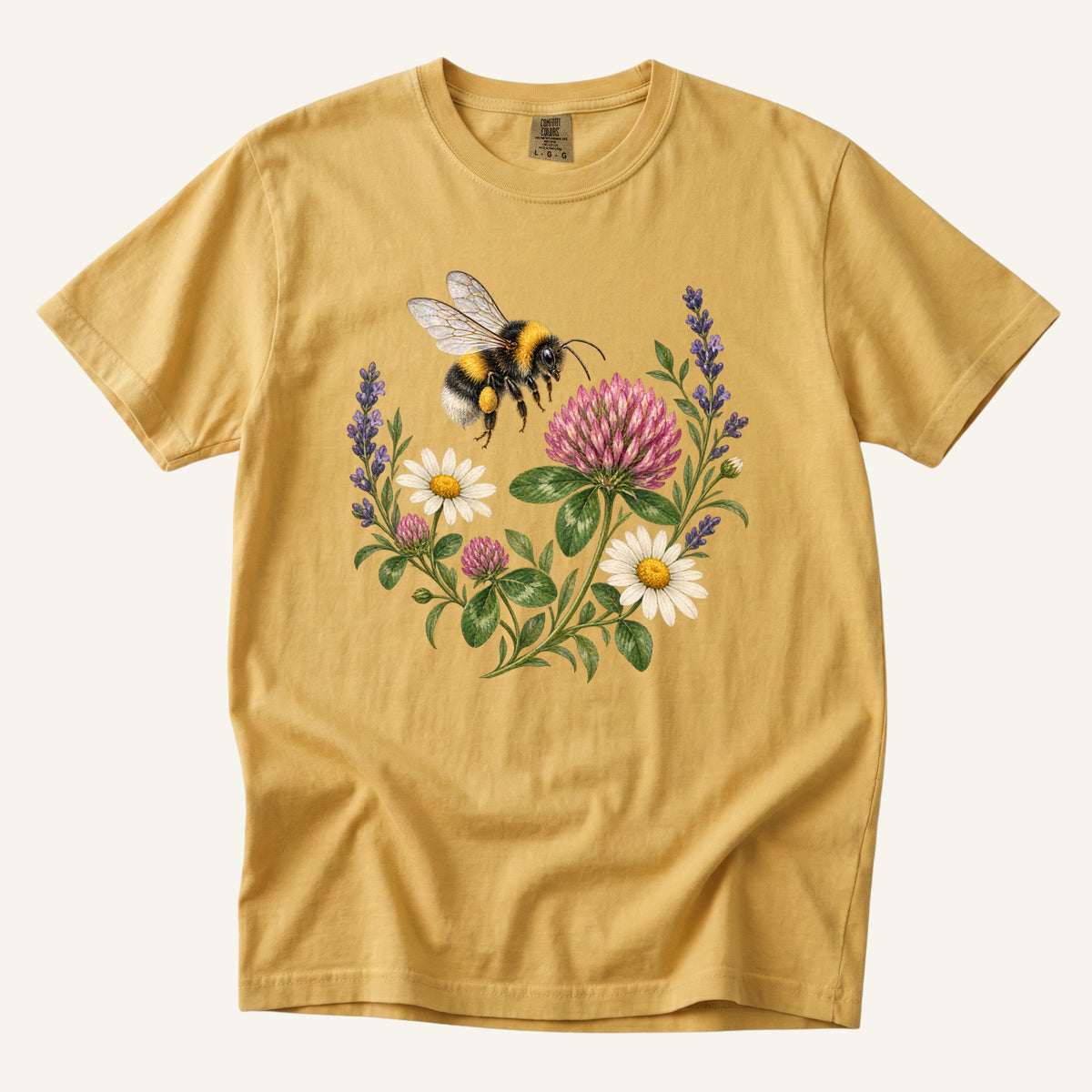 Bumblebee T-Shirt in Mustard — bumblebee among clover, sizes S to 4XL, made to order in the USA