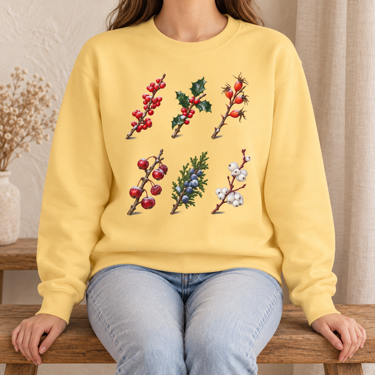 Winter Berries Study Sweatshirt in Butter - six watercolor berry sprigs with frost laid out like a botanical plate, printed on a garment-dyed Comfort Colors 1566 crewneck