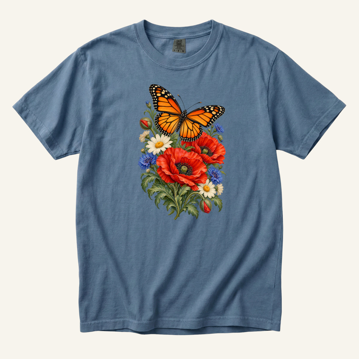 Red Poppies and Butterfly T-Shirt in Blue Jean — washed denim, with red poppies, cream daisies and small blue flowers