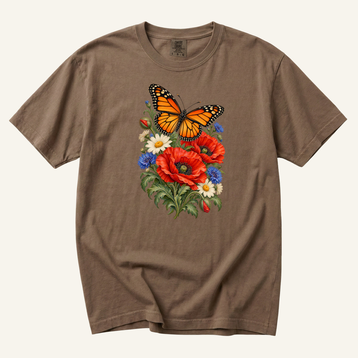 Red Poppies and Butterfly T-Shirt in Espresso — deep coffee brown, with cream daisies, red poppies and an orange-and-black butterfly