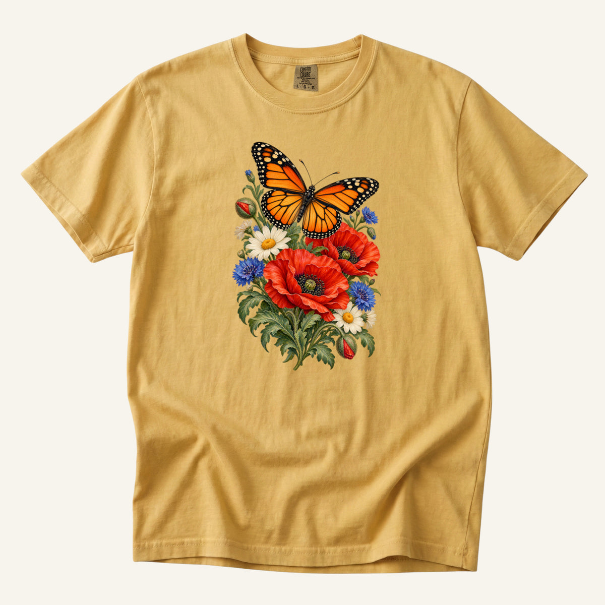 Red Poppies and Butterfly T-Shirt in Mustard — warm golden yellow, with blue flowers, red poppies and an orange-and-black butterfly