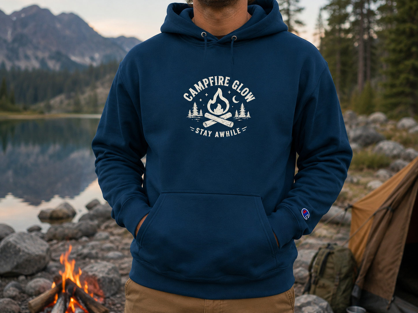 Campfire Glow — Outside Feels Like Home Champion Hoodie (Front & Back)