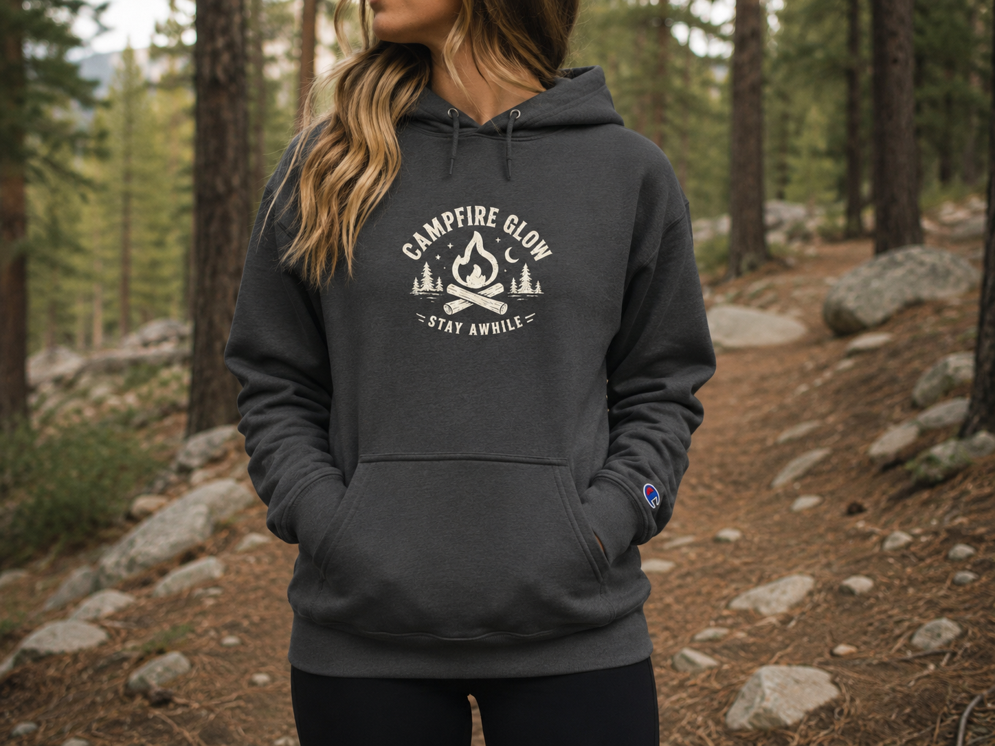 Campfire Glow — Outside Feels Like Home Champion Hoodie (Front & Back)