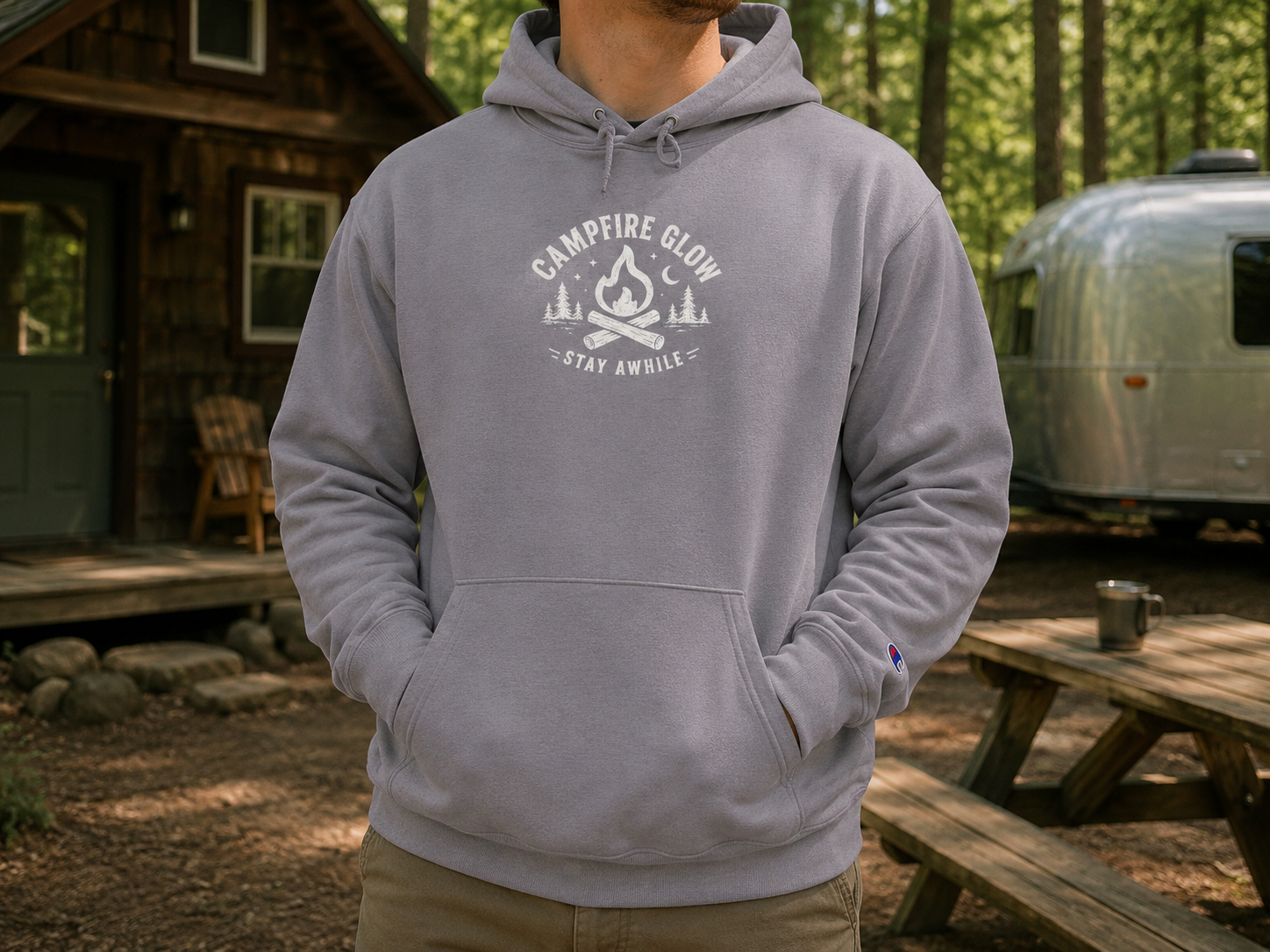 Campfire Glow — Outside Feels Like Home Champion Hoodie (Front & Back)