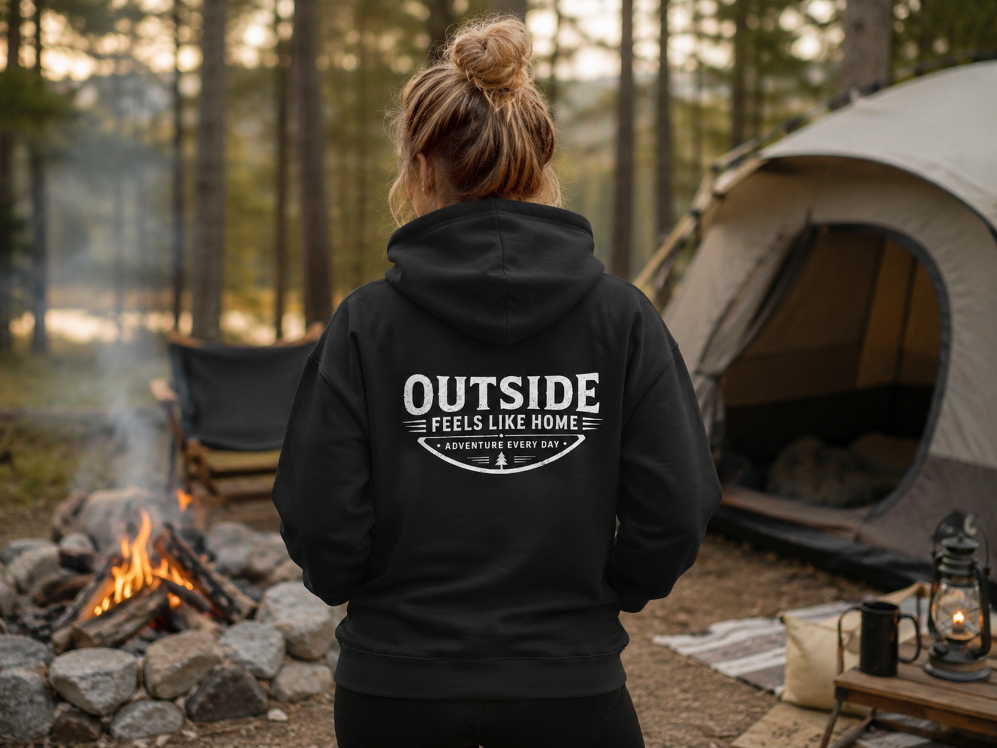 Campfire Glow — Outside Feels Like Home Champion Hoodie (Front & Back)