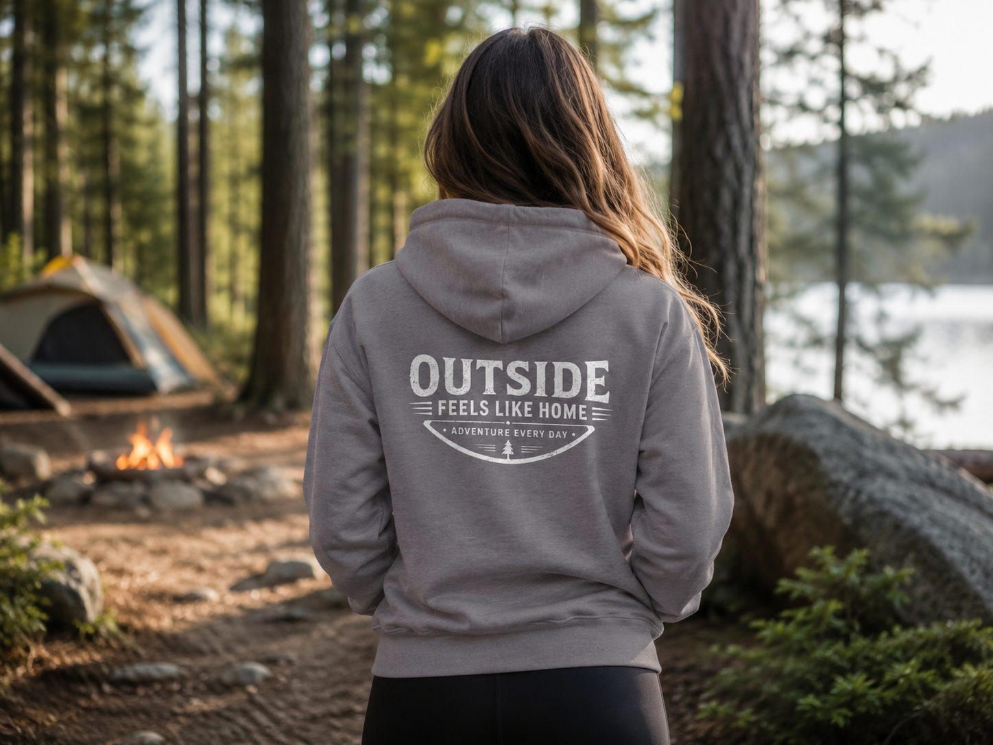 Campfire Glow — Outside Feels Like Home Champion Hoodie (Front & Back)