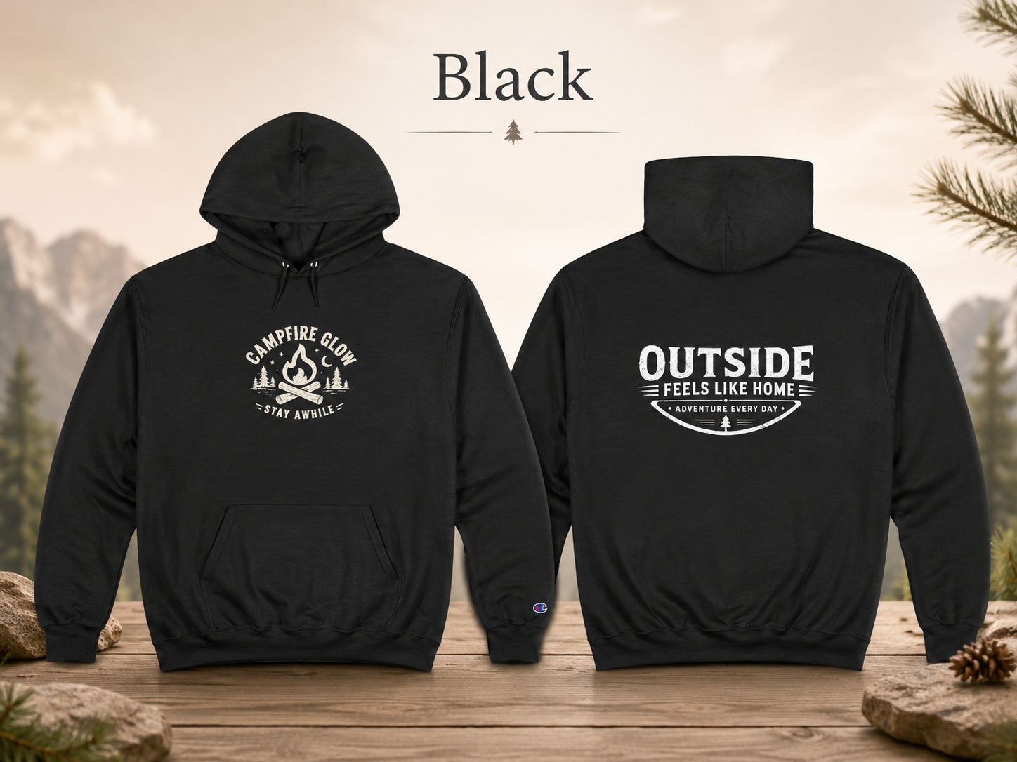 Campfire Glow — Outside Feels Like Home Champion Hoodie (Front & Back)