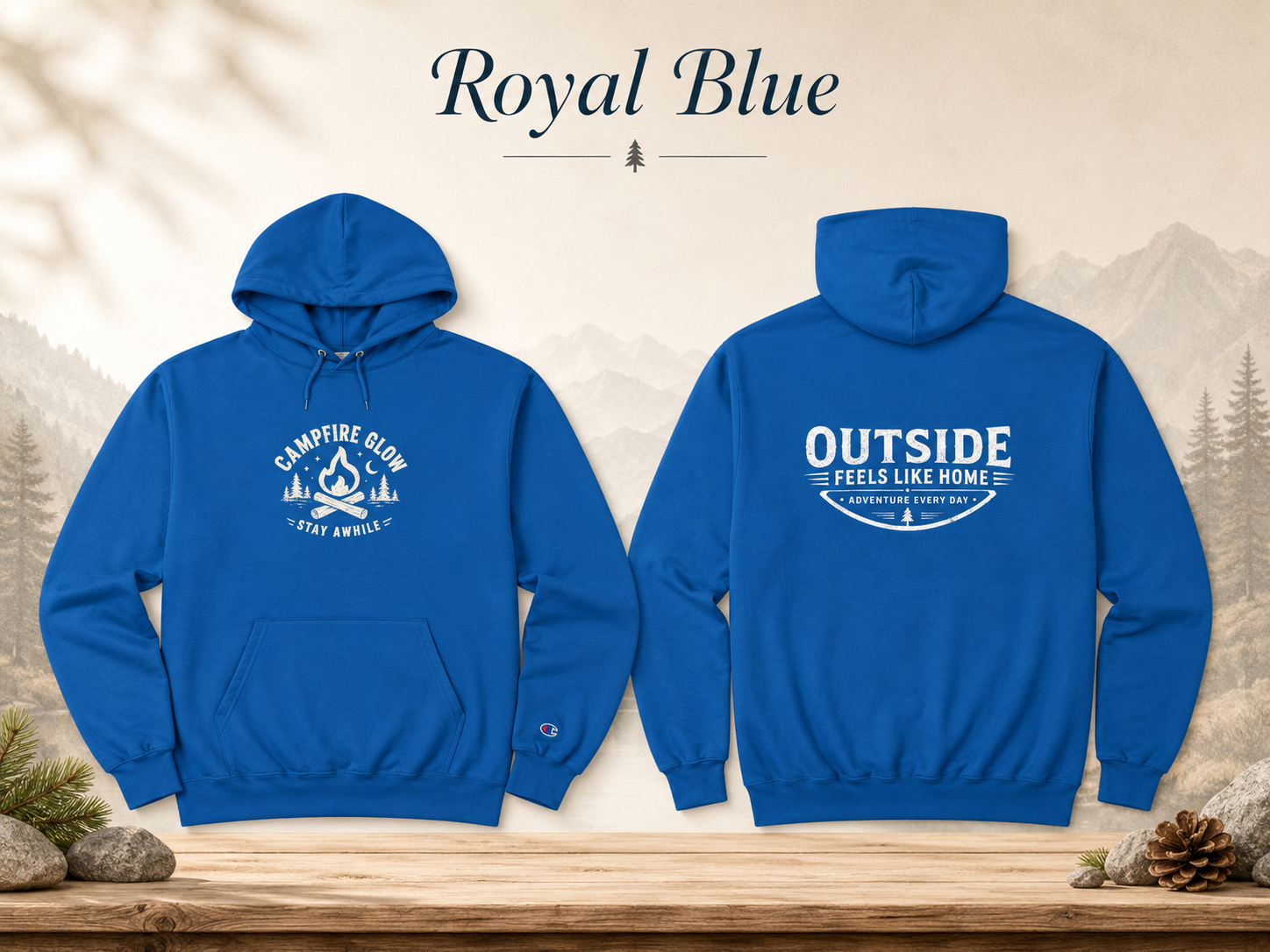 Campfire Glow — Outside Feels Like Home Champion Hoodie (Front & Back)