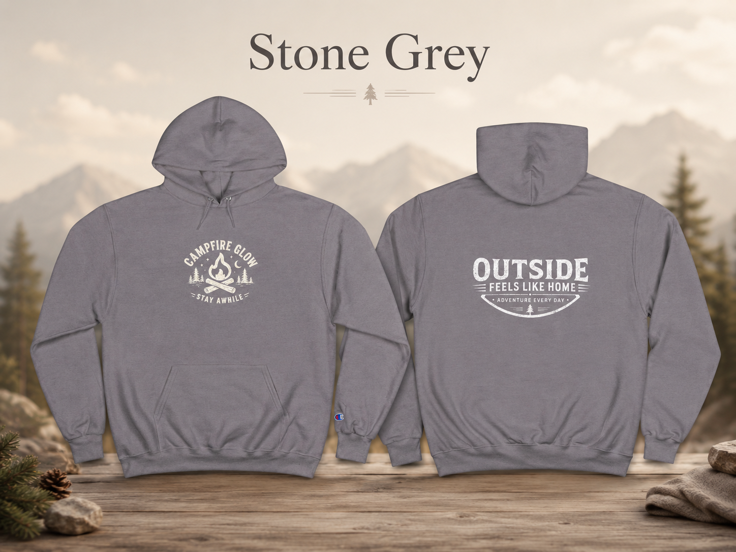 Campfire Glow — Outside Feels Like Home Champion Hoodie (Front & Back)