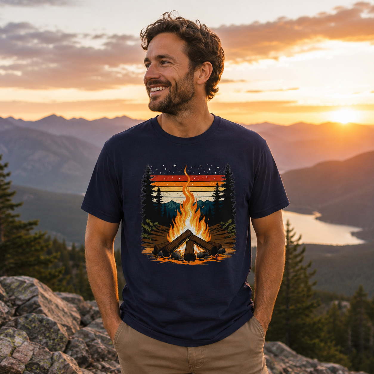 Campfire Retro Sky – Vintage Mountain Sunset Comfort Colors Tee