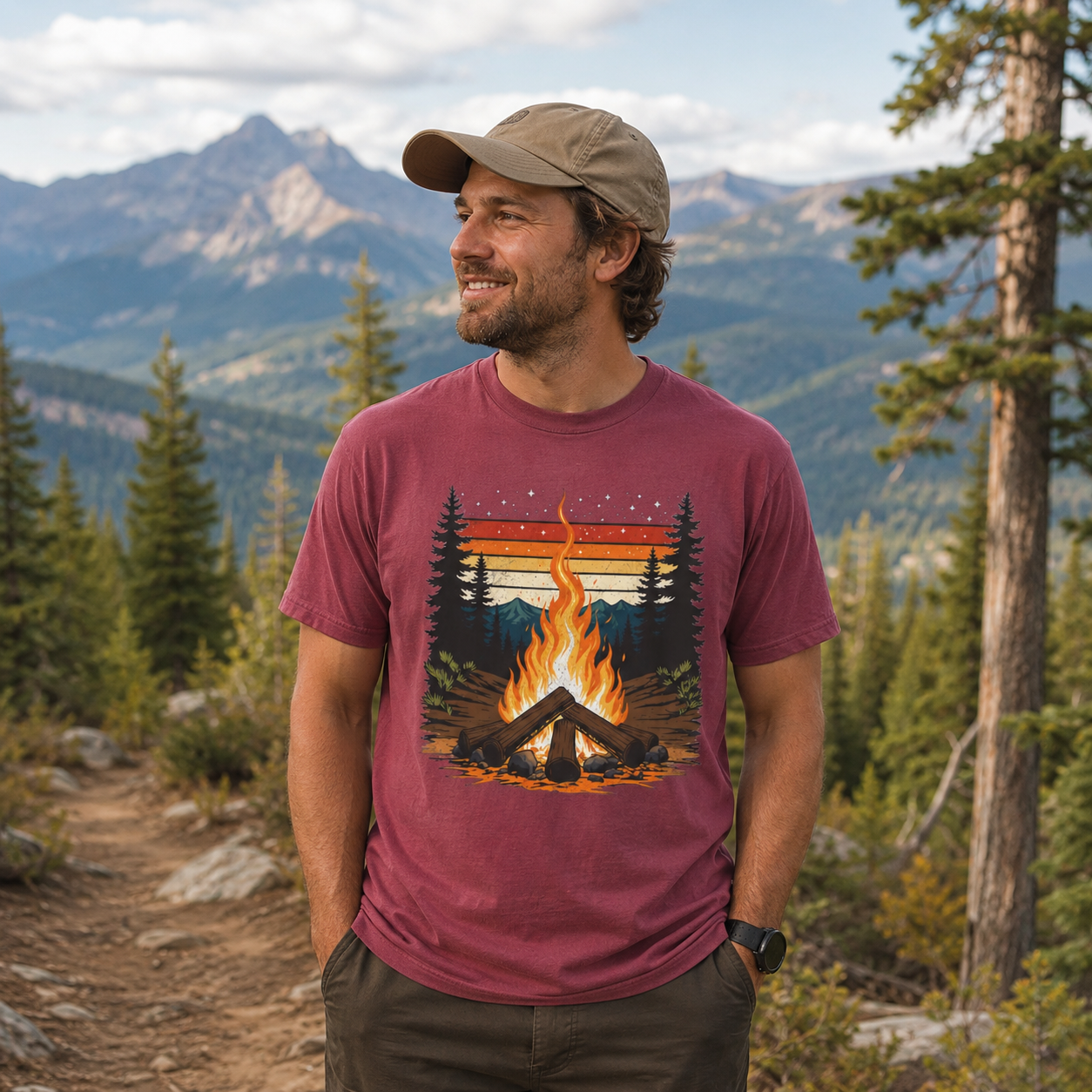 Campfire Retro Sky – Vintage Mountain Sunset Comfort Colors Tee