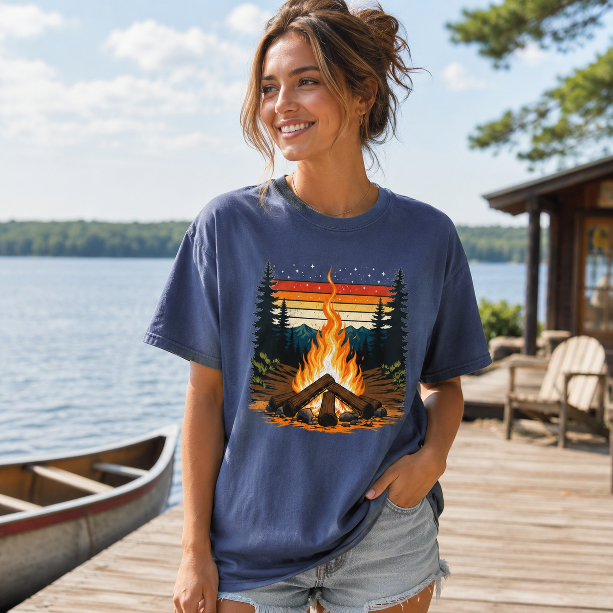 Campfire Retro Sky – Vintage Mountain Sunset Comfort Colors Tee