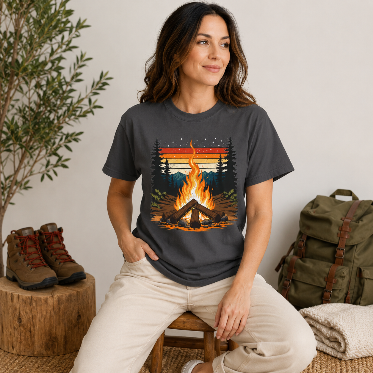Campfire Retro Sky – Vintage Mountain Sunset Comfort Colors Tee