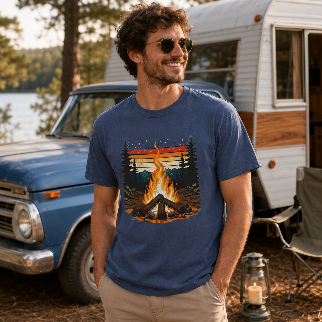 Campfire Retro Sky – Vintage Mountain Sunset Comfort Colors Tee