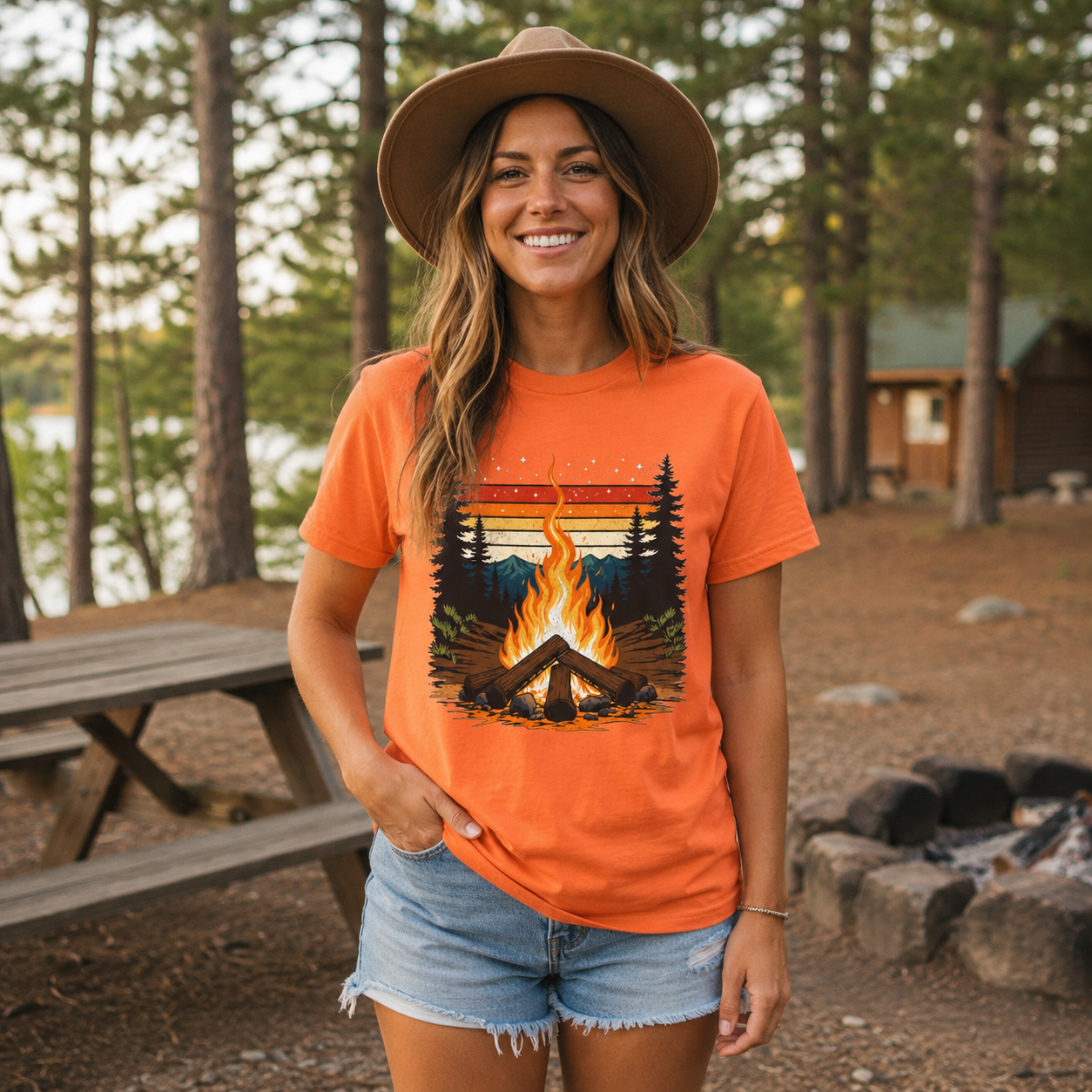 Campfire Retro Sky – Vintage Mountain Sunset Comfort Colors Tee