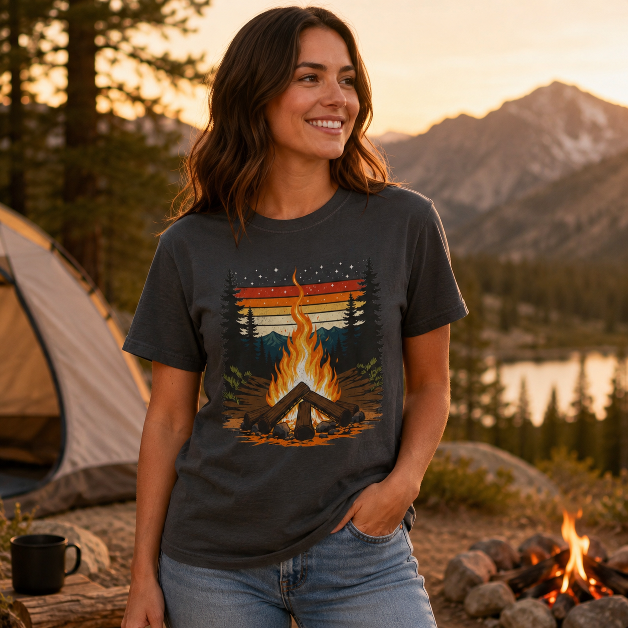 Campfire Retro Sky – Vintage Mountain Sunset Comfort Colors Tee