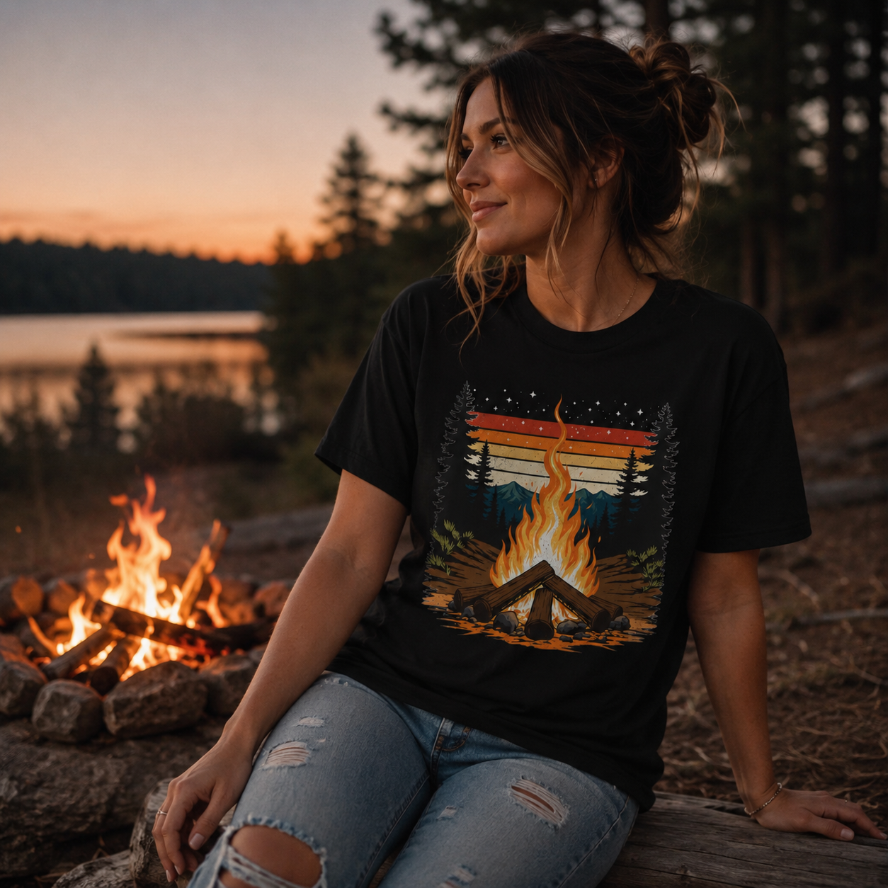 Campfire Retro Sky – Vintage Mountain Sunset Comfort Colors Tee