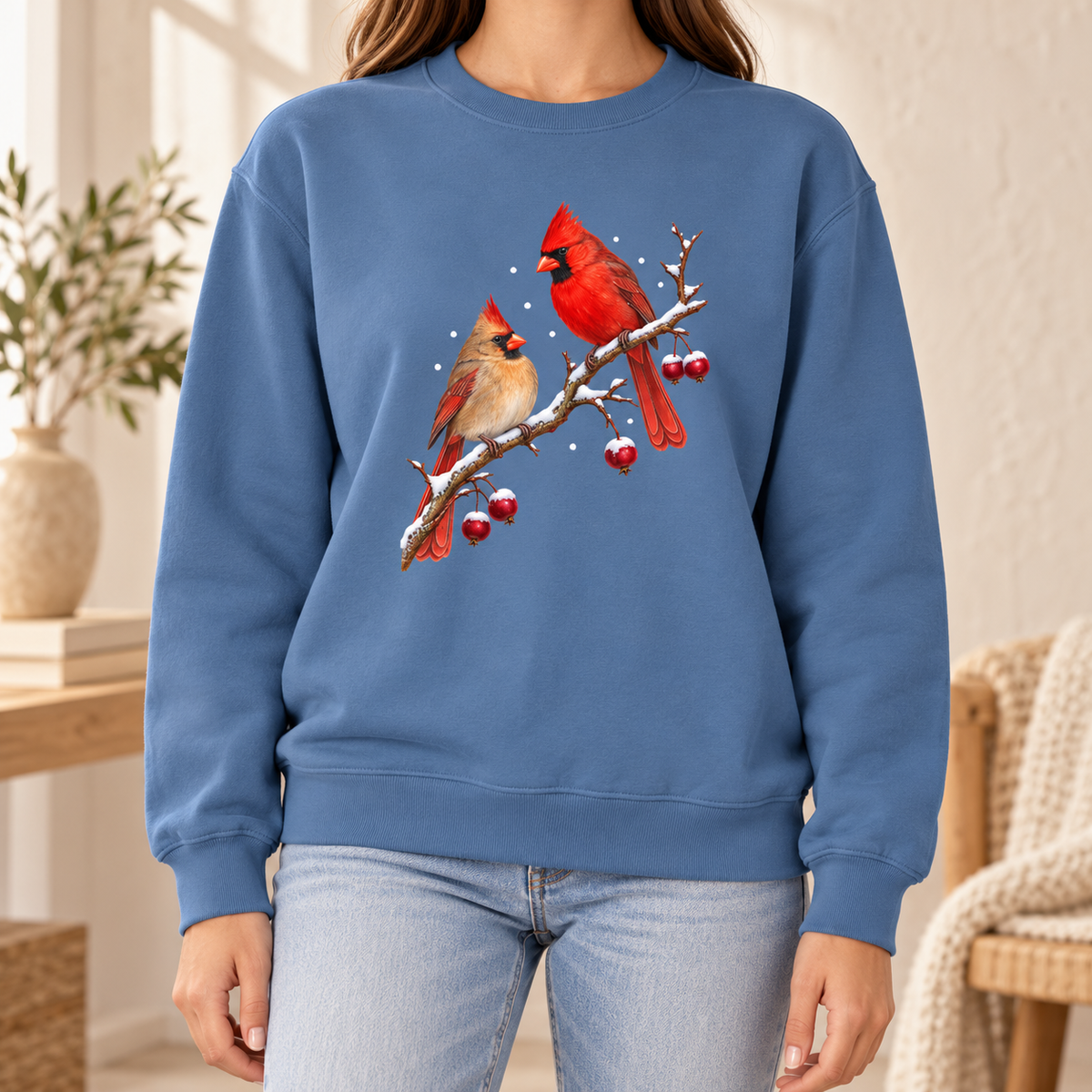 Winter Cardinals Sweatshirt in Blue Jean - a watercolor male and female northern cardinal pair on a snowy crabapple branch, printed on a garment-dyed Comfort Colors 1566 crewneck