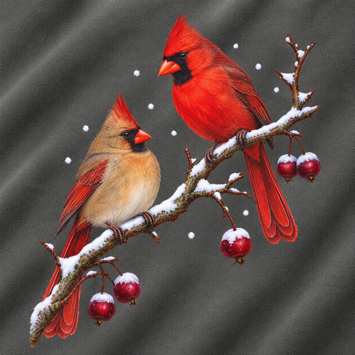 Close-up of the winter cardinals print on a Pepper Comfort Colors crewneck - the red male and buff female cardinal on a snowy crabapple branch