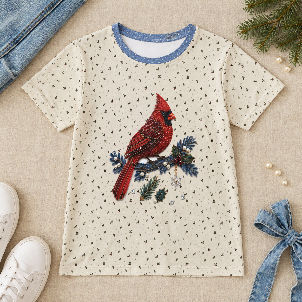 Jeweled Cardinal Women's Short Sleeve Shirt (AOP)