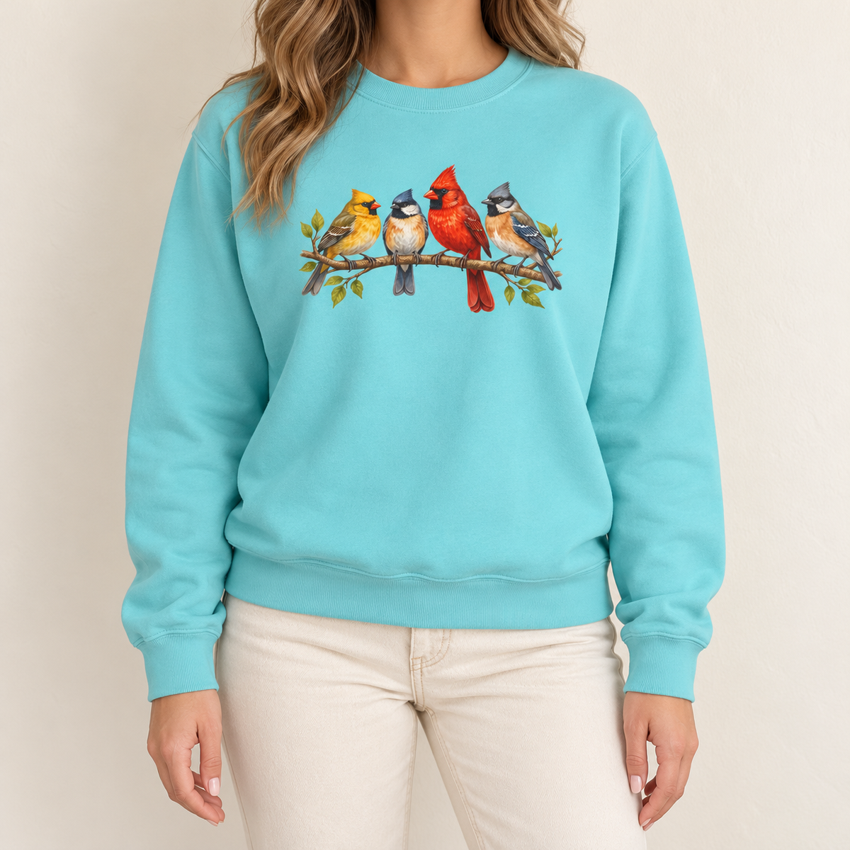 Four Colorful Songbirds on a Leafy Branch Sweatshirt in Chalky Mint - four songbirds on a leafy branch on a pale mint Comfort Colors crewneck