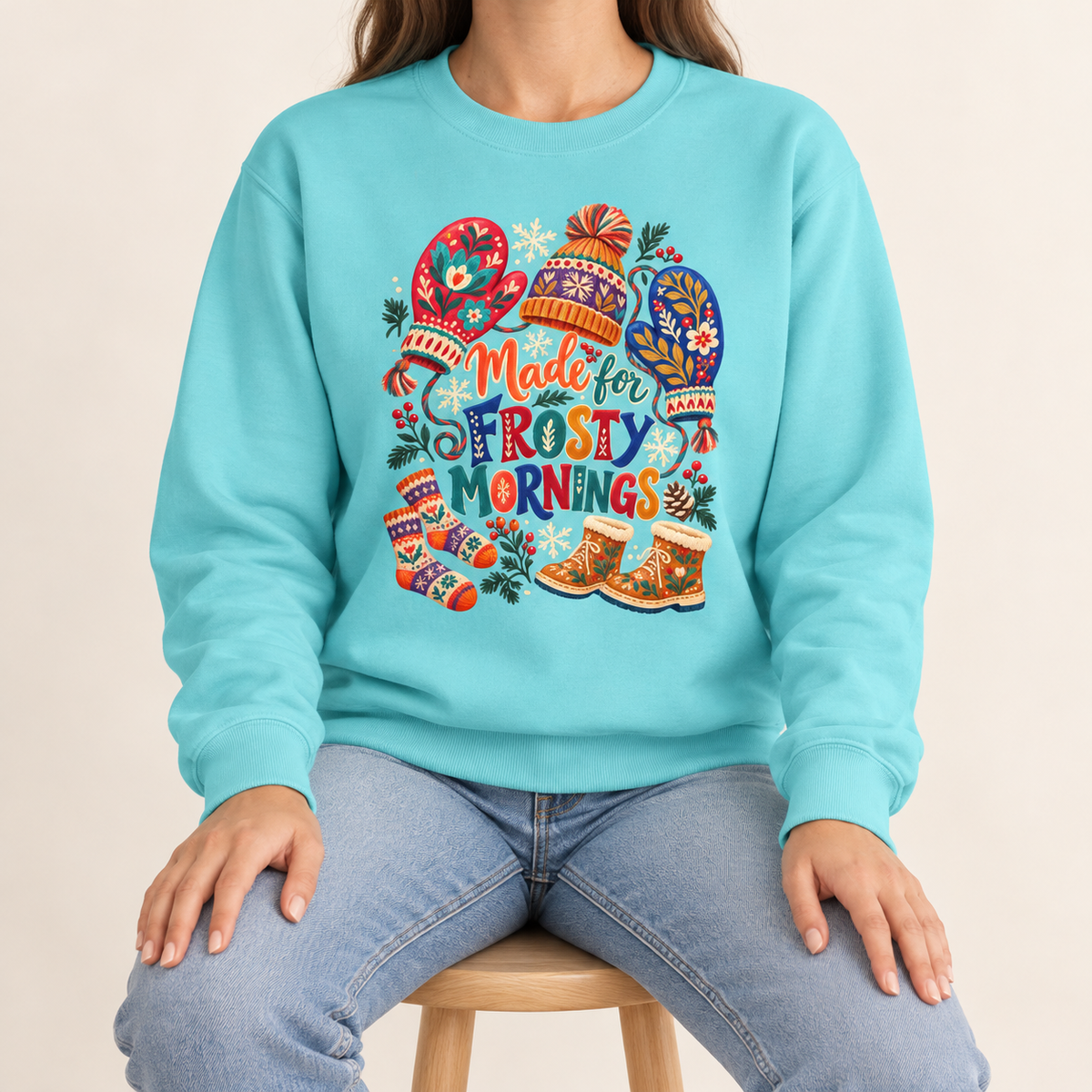 Made for Frosty Mornings folk art winter woollens sweatshirt shown in Chalky Mint, a light aqua garment-dyed Comfort Colors crewneck