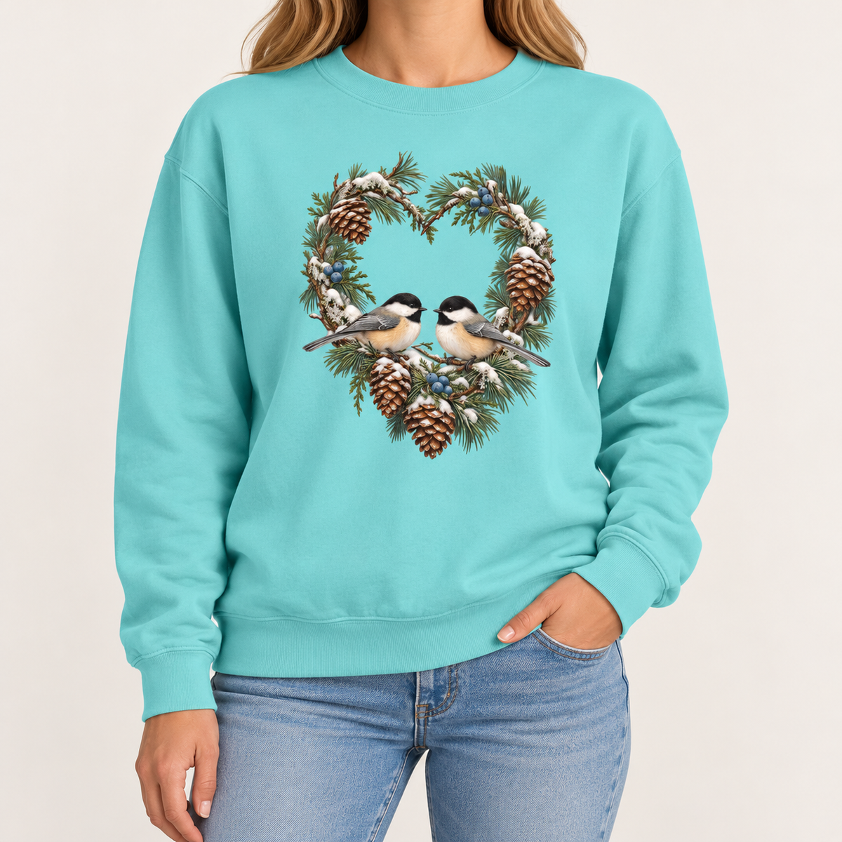 Chickadee heart wreath sweatshirt in Chalky Mint – a pair of chickadees on a snowy pine heart wreath with pinecones, printed large on the chest of a Comfort Colors crewneck