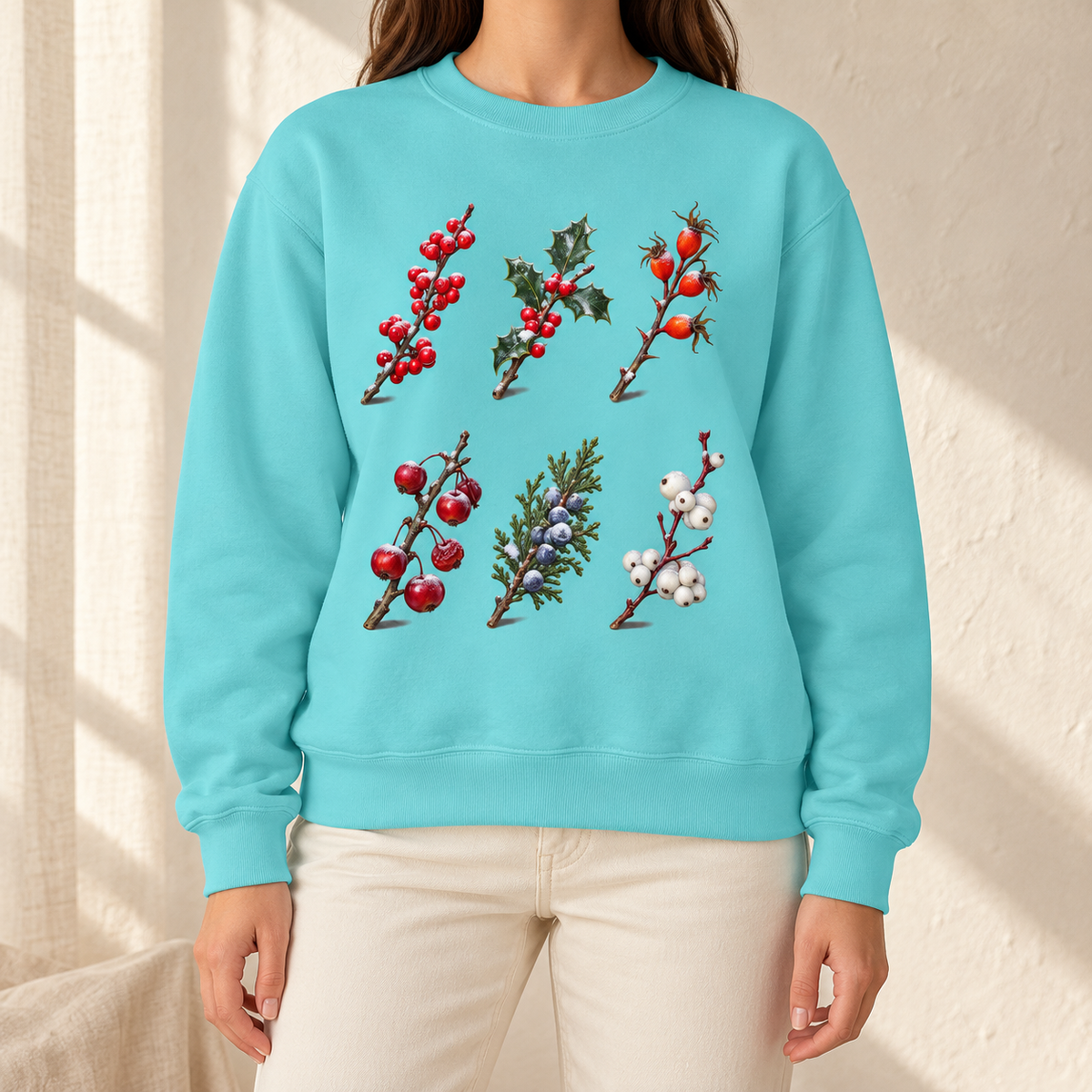 Winter Berries Study Sweatshirt in Chalky Mint - six watercolor berry sprigs with frost laid out like a botanical plate, printed on a garment-dyed Comfort Colors 1566 crewneck