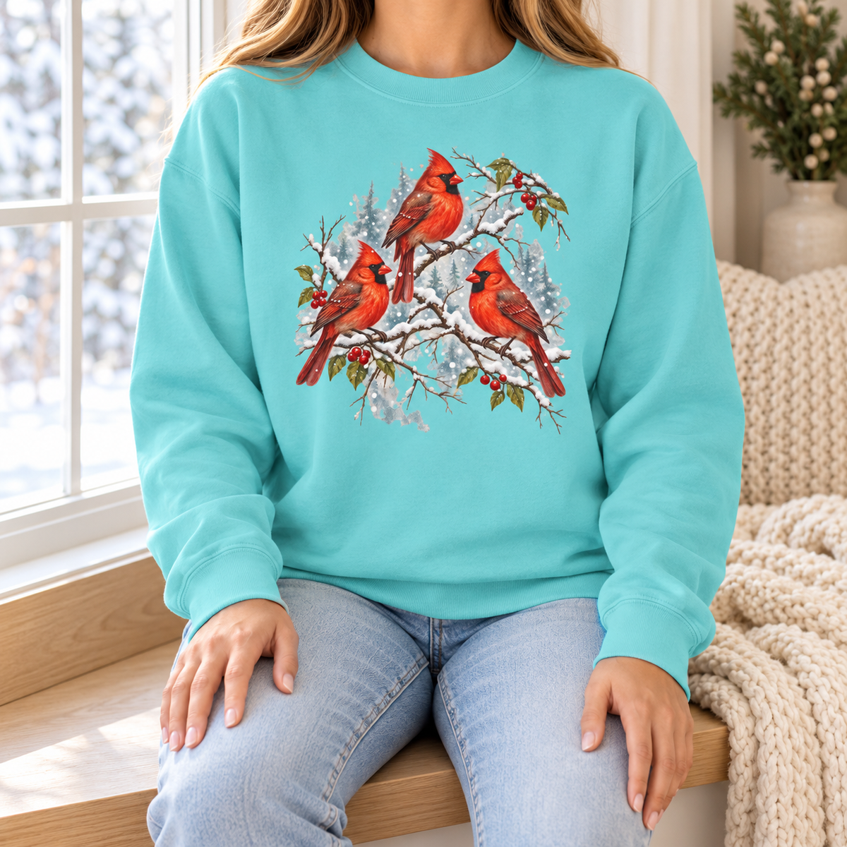 Chalky Mint cardinal trio crewneck by the window - Three Snowy Cardinals on Berry Branches Sweatshirt lifestyle photo